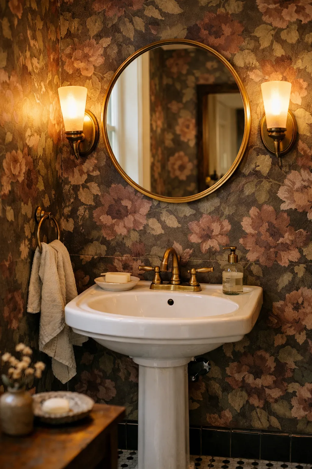 Dark floral wallpaper powder room with brass mirror and pedestal sink