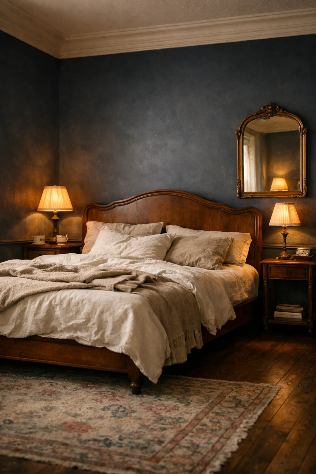 French bedroom with deep navy walls, warm lighting, and elegant wood bed.