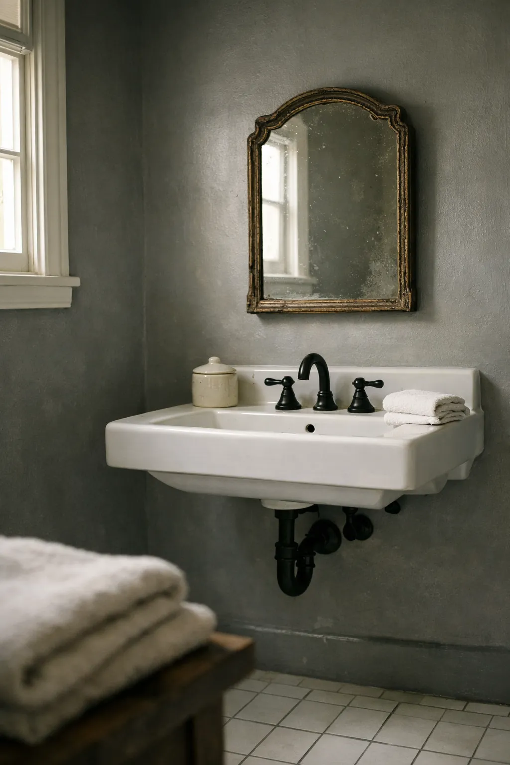 mal vintage bathroom with deep gray walls and matte black fixtures