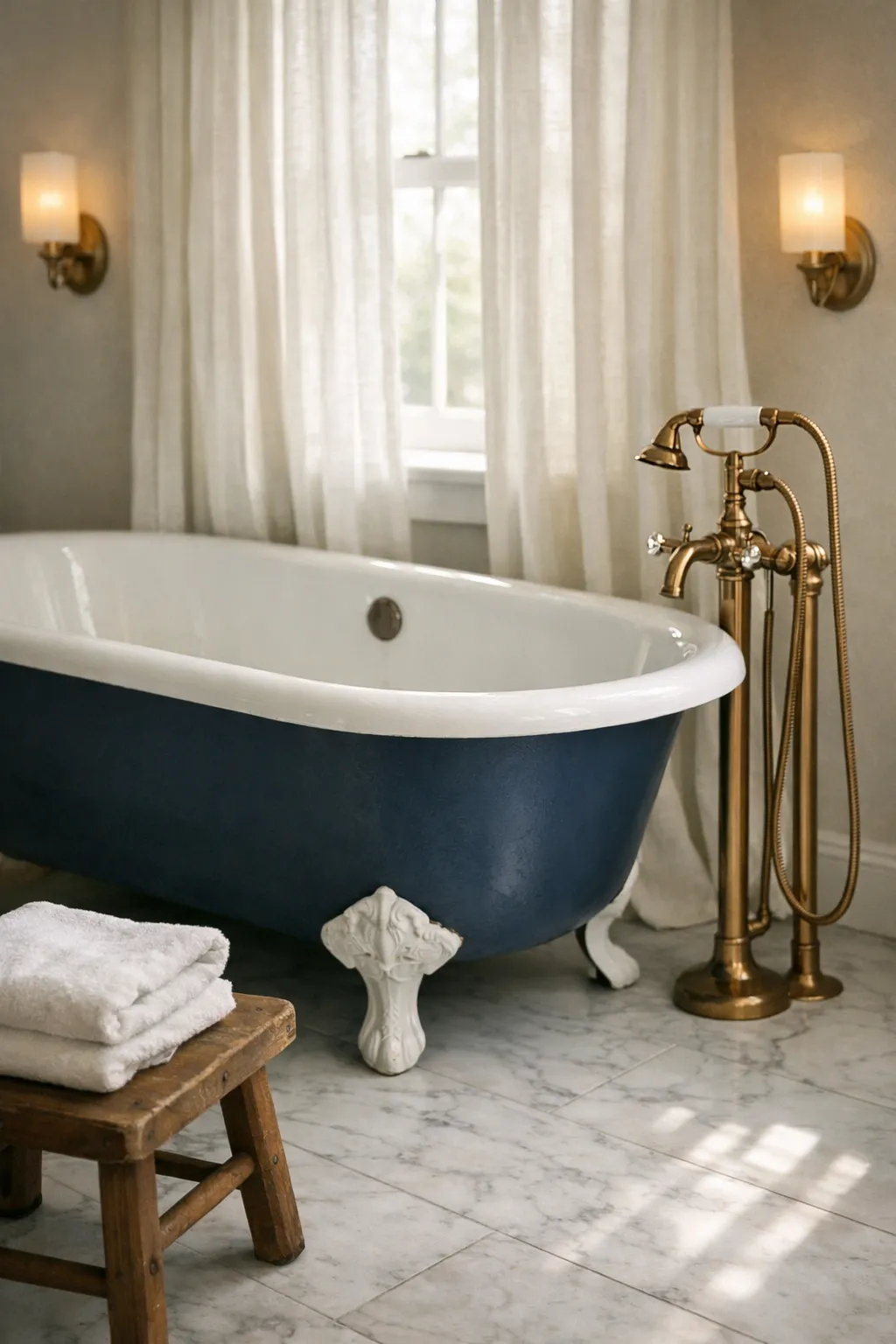 Vintage navy clawfoot tub in a softly lit classic bathroom