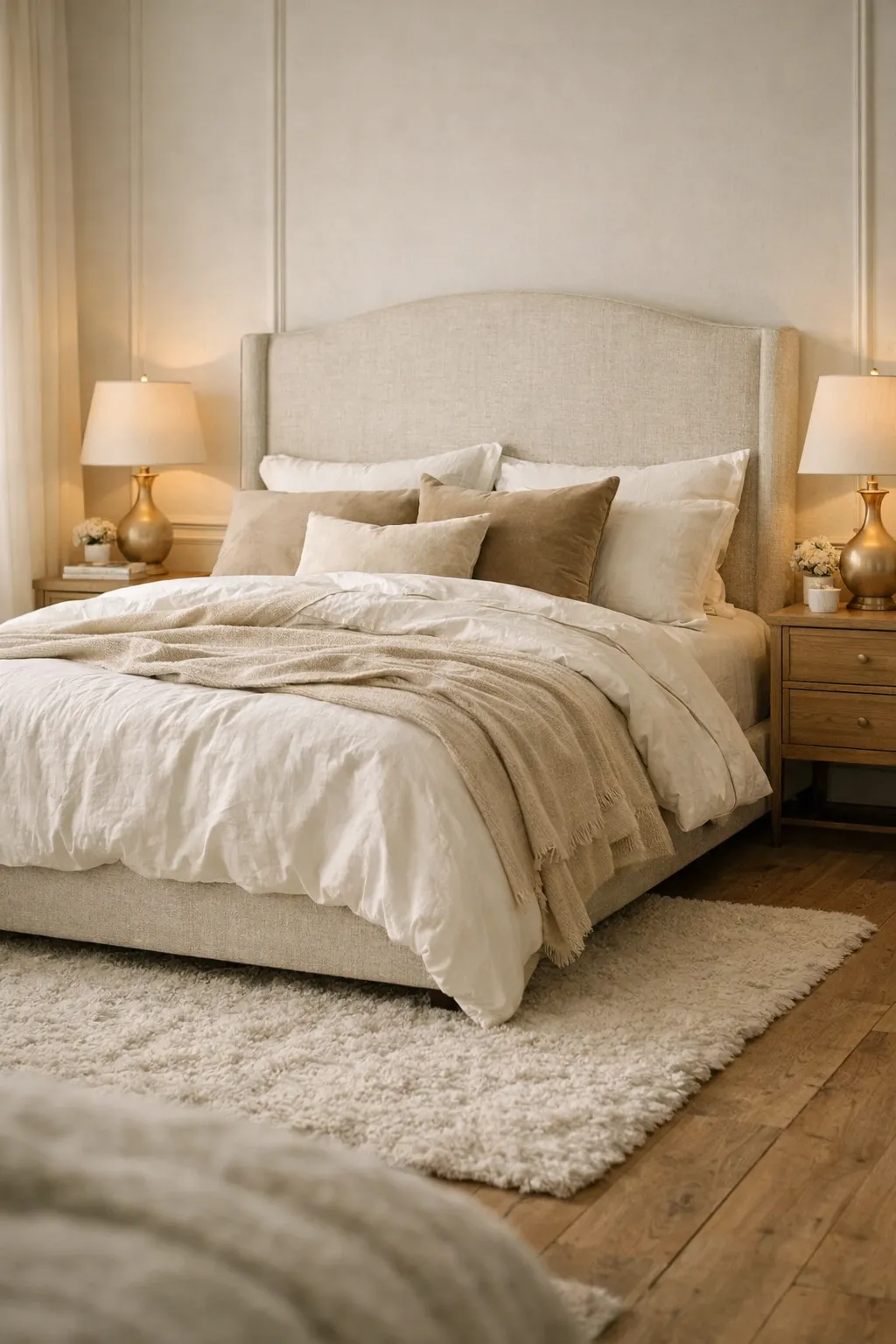 French-inspired neutral bedroom with upholstered headboard and layered textures.
