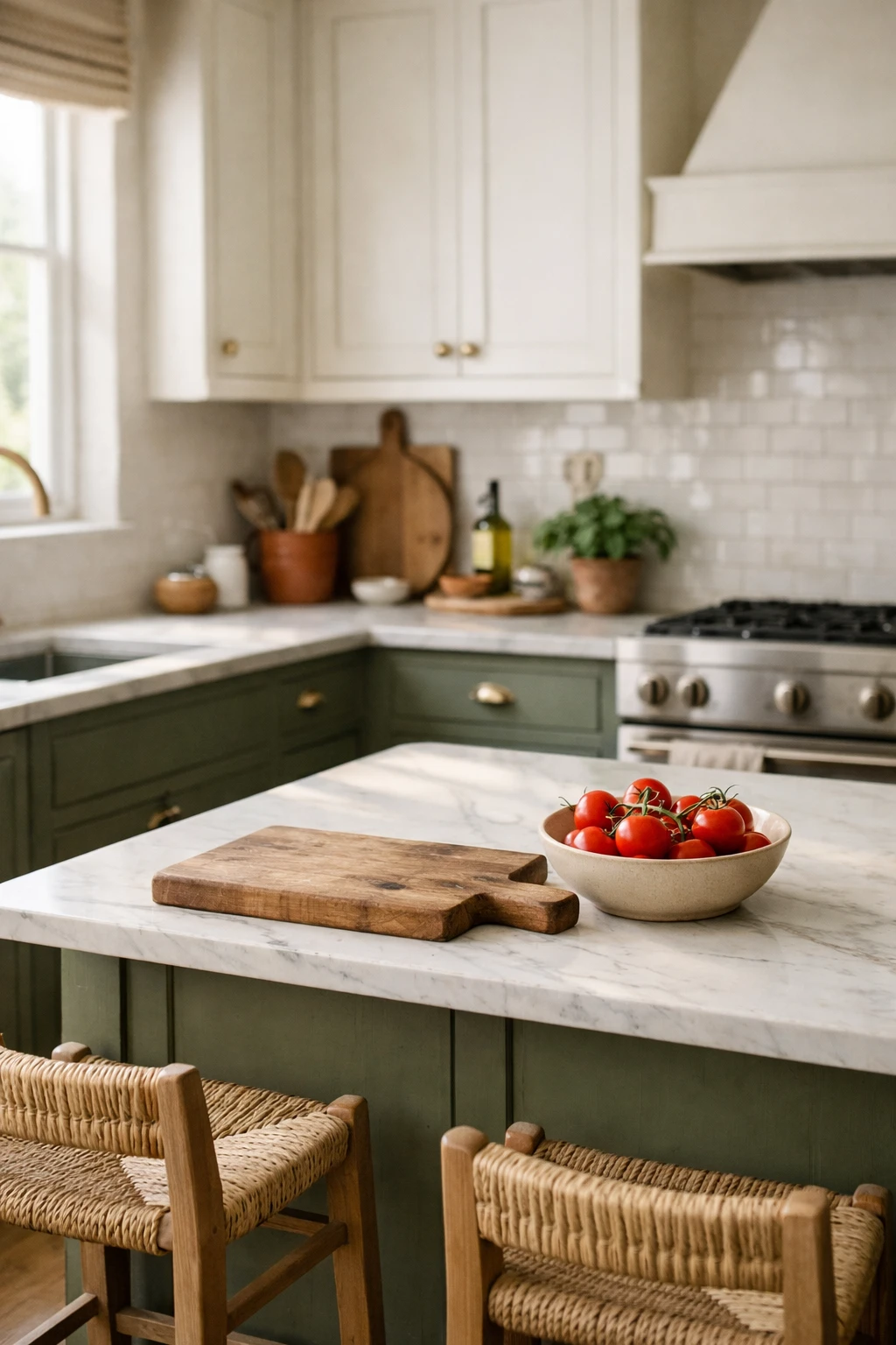 Italian kitchen with olive green cabinets and marble countertops