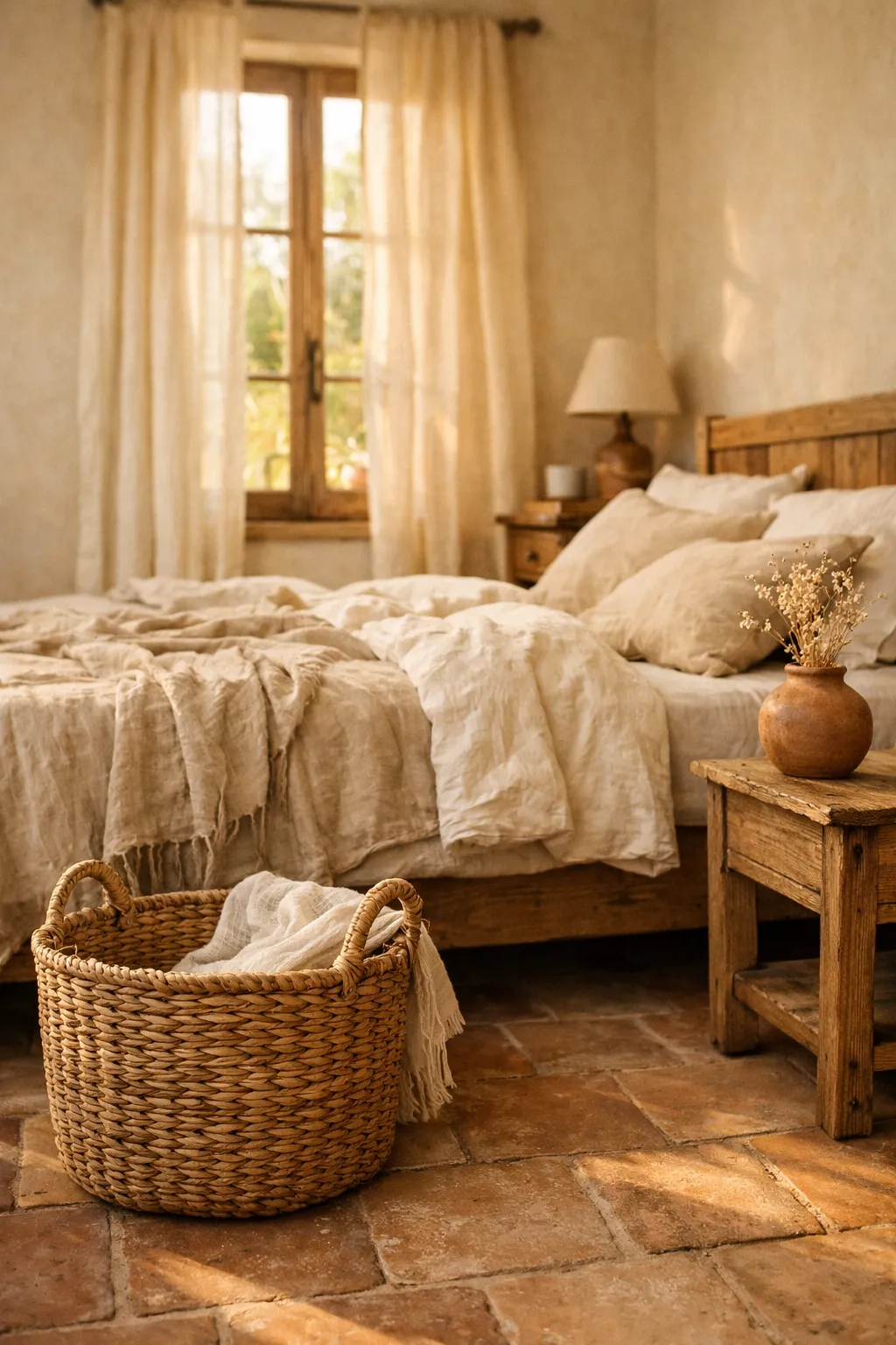 Rustic French bedroom with warm wood furniture and soft cream bedding.