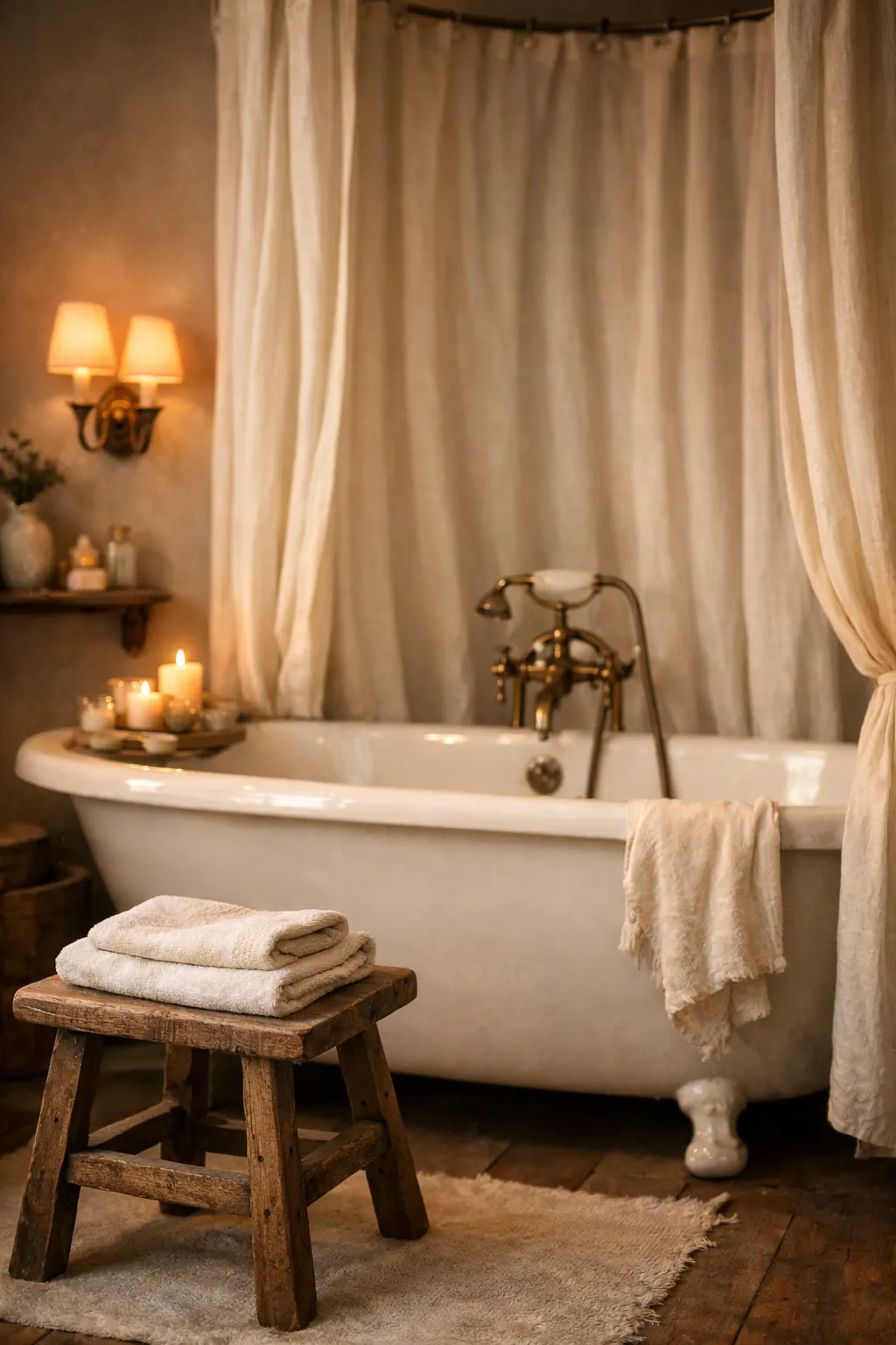 Vintage style bathroom with freestanding tub and warm candlelit glow