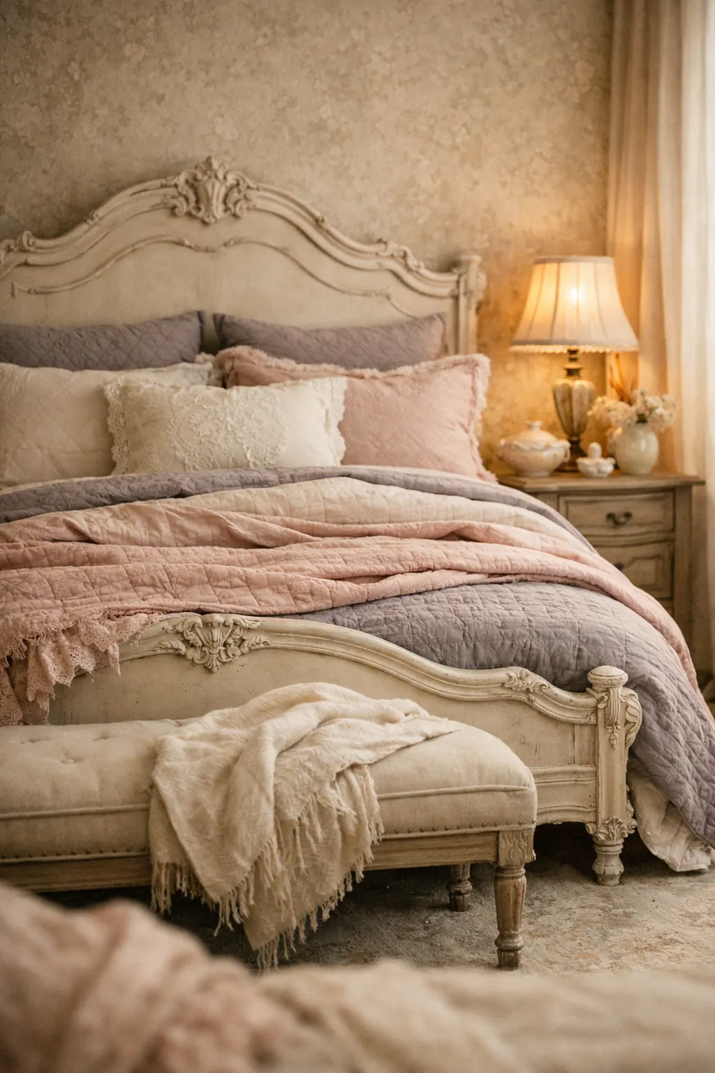 French bedroom with carved wood bed, blush bedding, and warm bedside lamp glow.