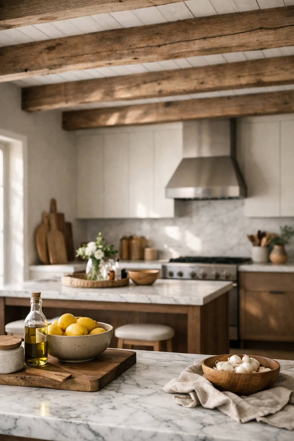 Italian kitchen with exposed beams and modern cabinets