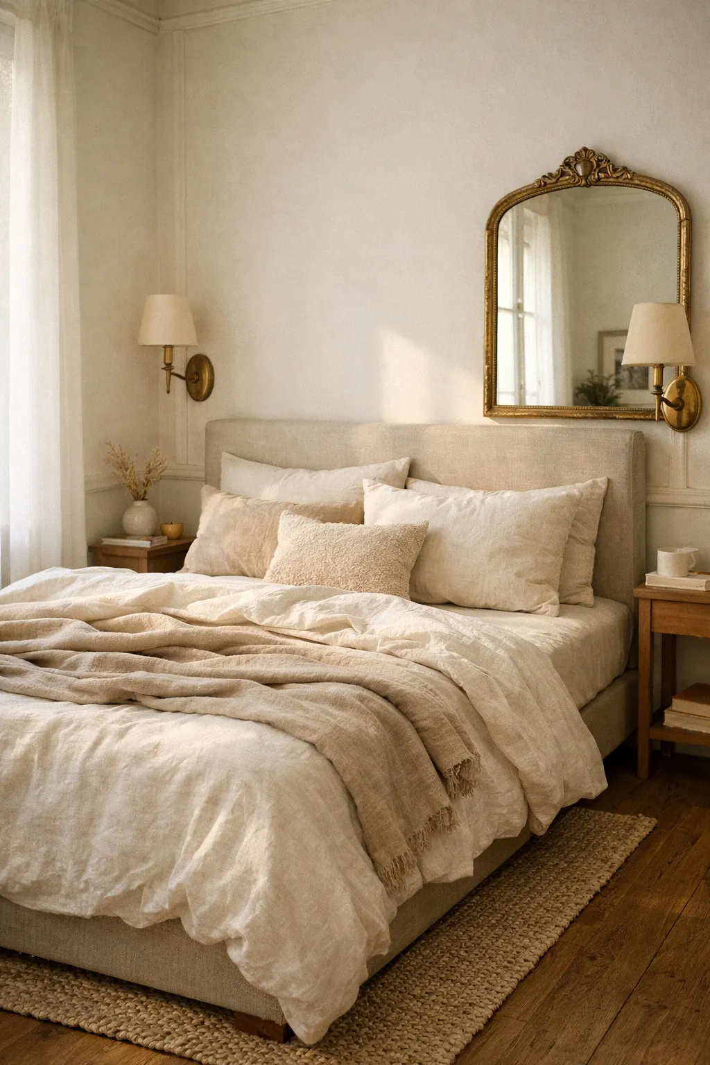 Compact French bedroom with slim furniture and wall sconces in soft daylight.