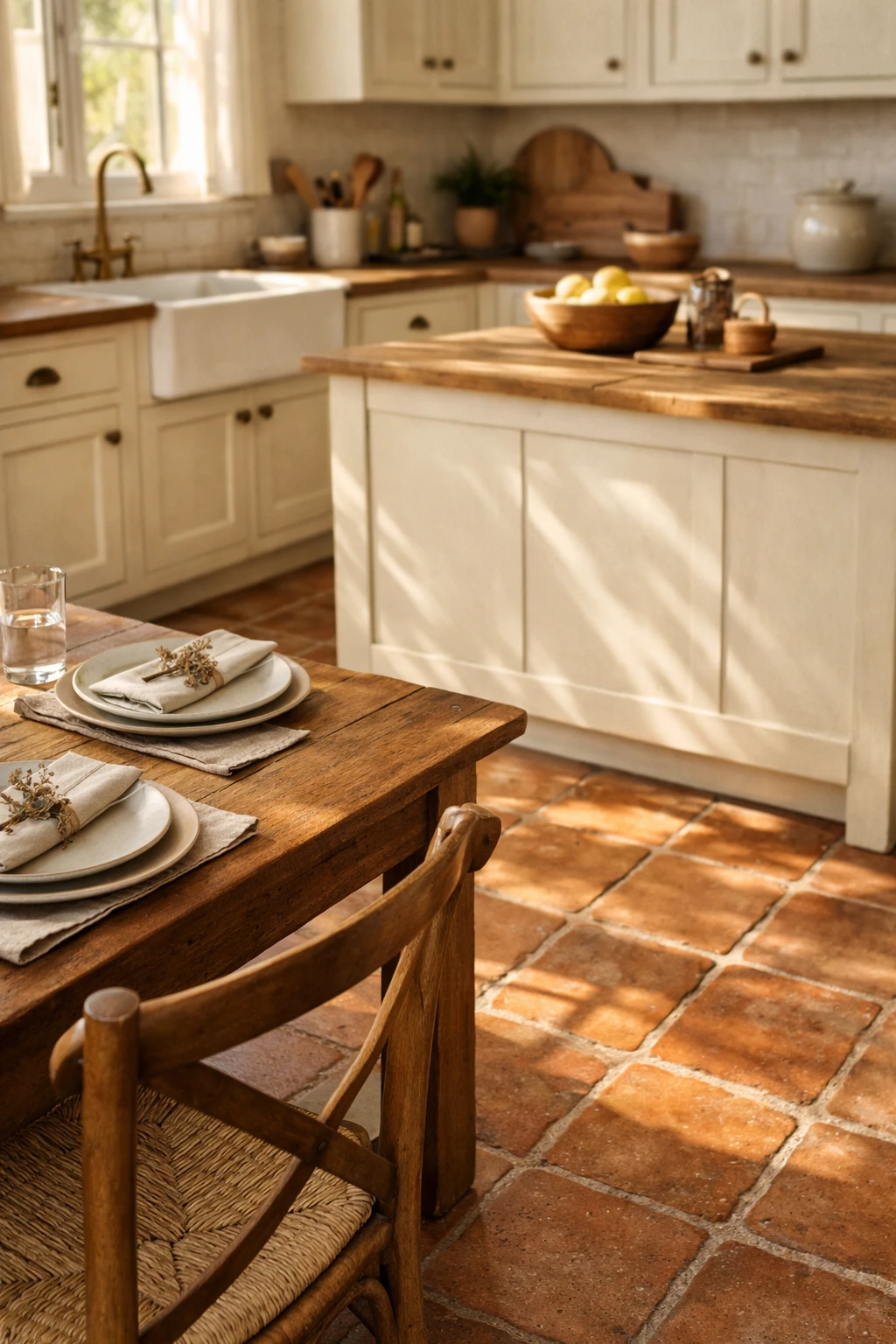 Italian kitchen with terracotta tile floors and cream cabinets