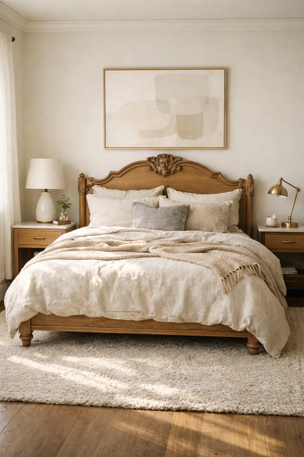 French bedroom blending classic bed frame with modern nightstands in soft light.