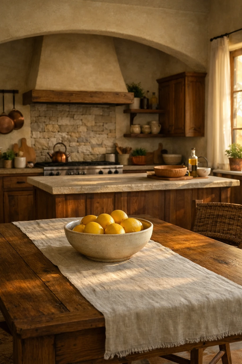 Tuscan style kitchen with stone backsplash and warm wood cabinets
