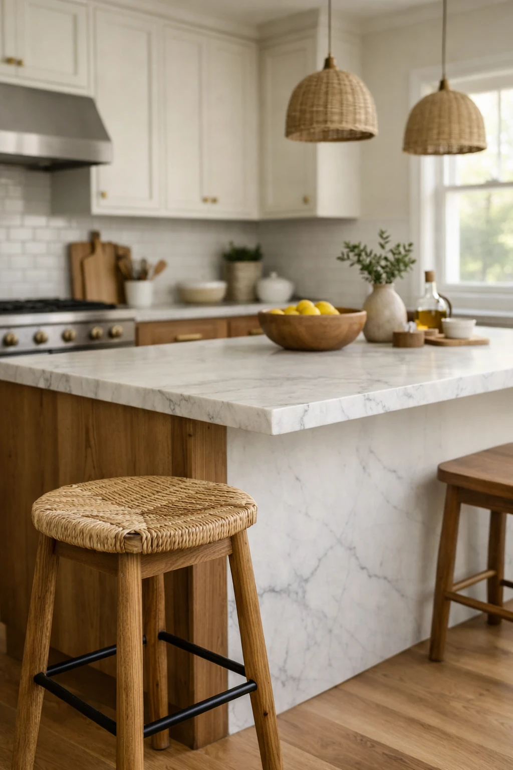 Italian kitchen with two tone cabinets and marble island