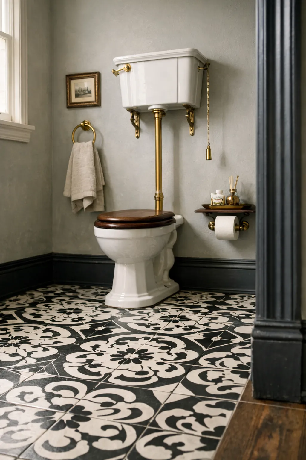 Victorian style bathroom with patterned black and white tile and dark trim